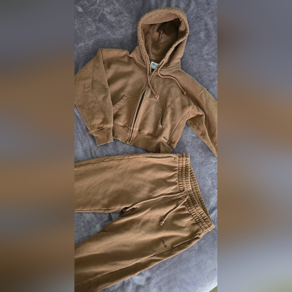 Tan Aritzia Boyfriend Fit Hoodie & Sweatpant Sweatfleece Set